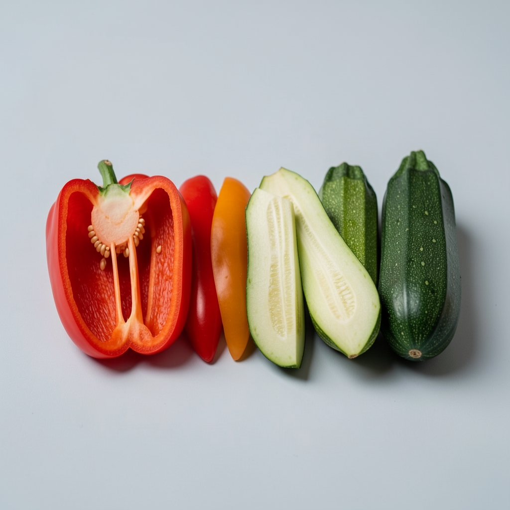 Разноврсно сезонско поврће посложено у редове по боји на белом столу, студијска горња перспектива