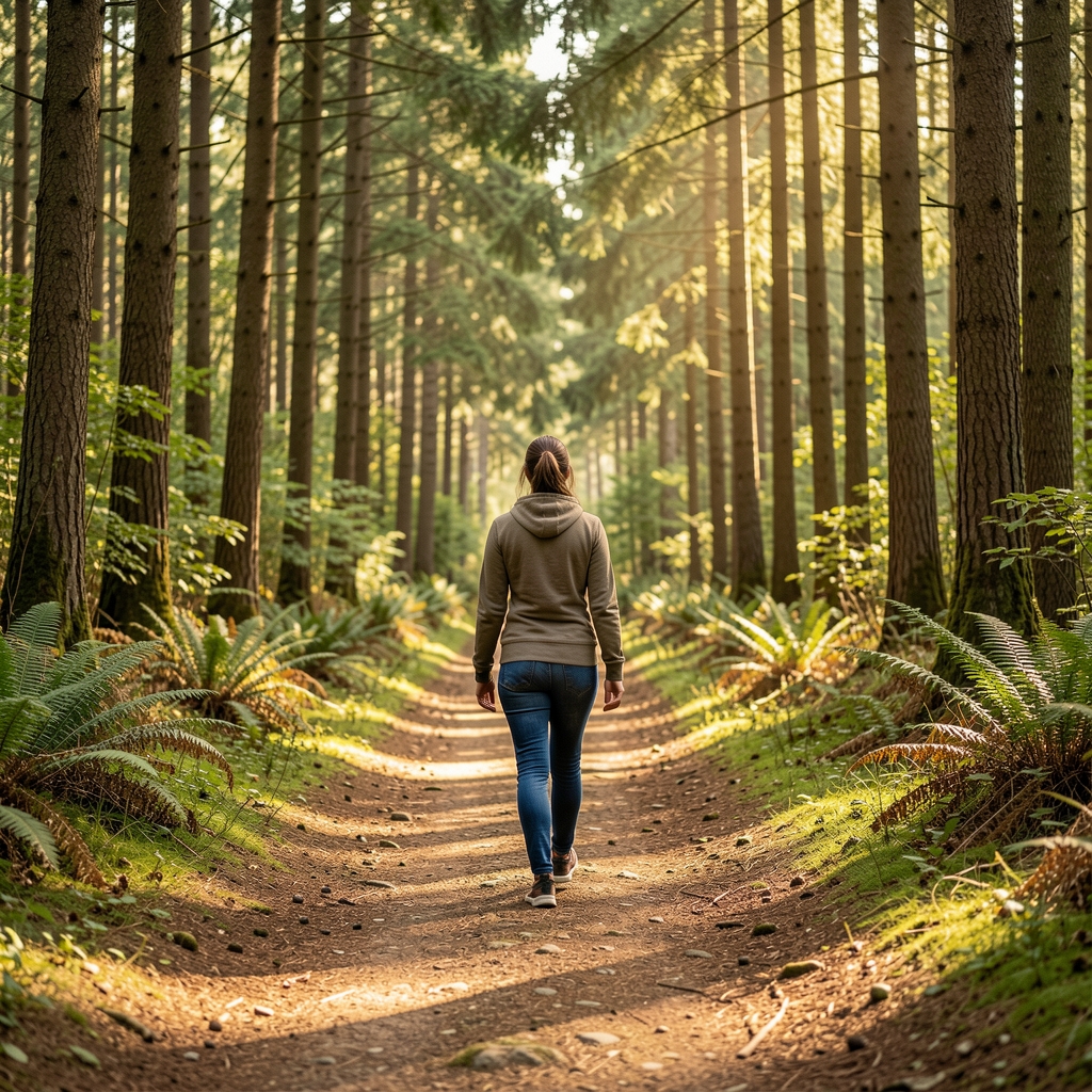 Особа која хода по шумском путу у природном амбијенту, мирна рекреативна сцена без спортске опреме, природно осветљење