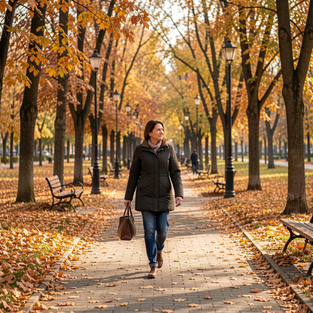 Документарна фотографија особа које шетају у парку у јесен са опалим лишћем, мирна атмосфера без агресивности