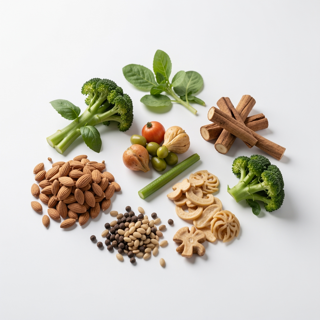 Поједини биљни намирнице у поделу на хладном белом столу, горњи ракурс у аналитичком студијском осветљењу