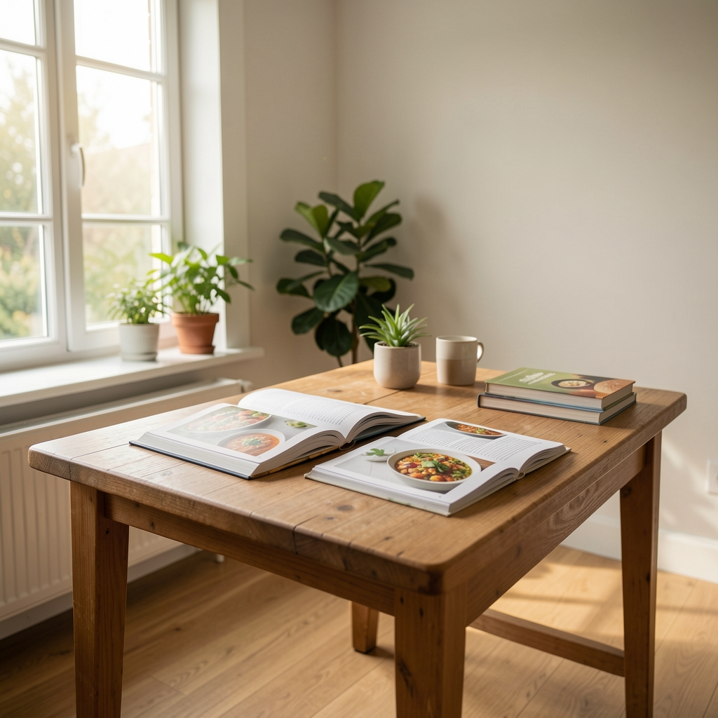 Светли едукативни простор са радним столом и отвореним књигама о исхрани у природном дневном светлу